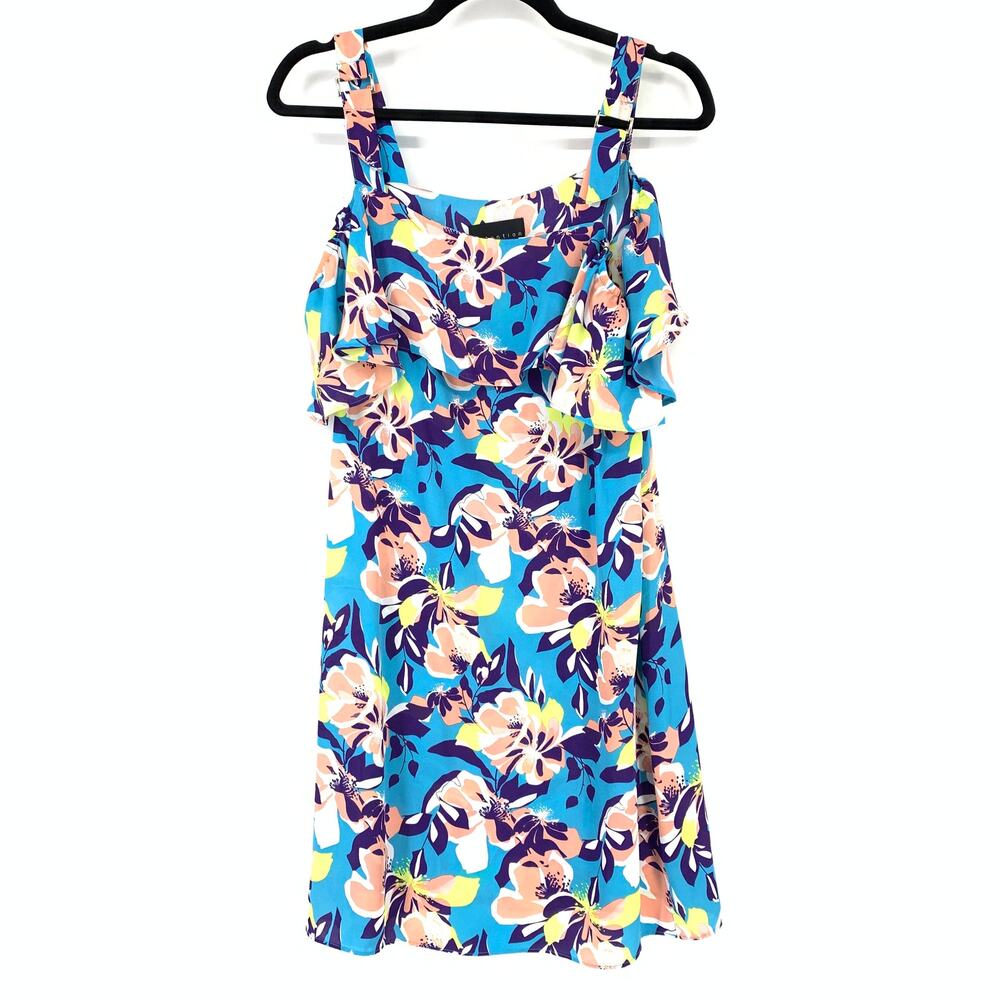 Attention Women's Size Medium Ruffled Cold Shoulder Sundress Blue Floral